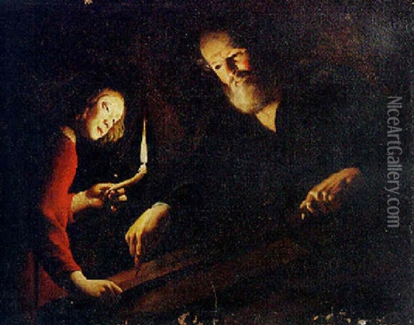Saint Joseph And The Young Christ In The Carpenter's Shop Oil Painting - Trophime (Theophisme) Bigot the Elder