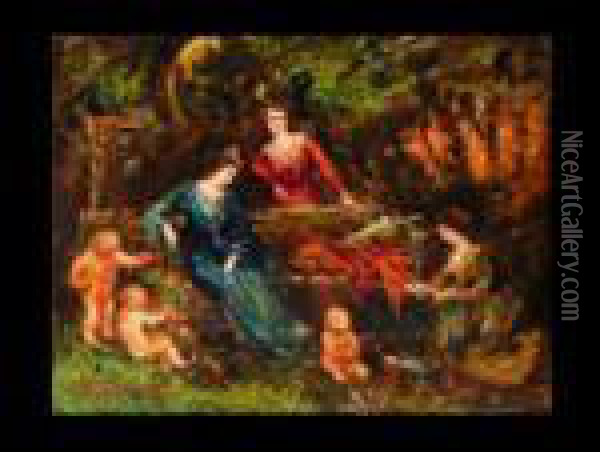Frauen Und Kinder In Parkanlage Oil Painting - Adolphe Joseph Th. Monticelli