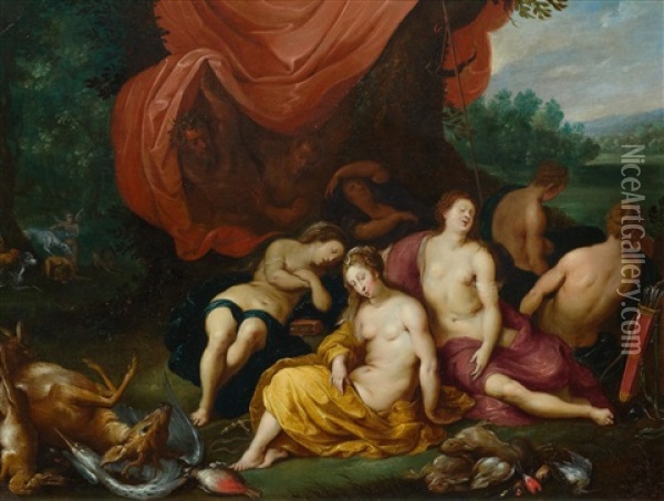 Diana And The Nymphs Sleeping, Watched By The Satyrs Oil Painting - Jan Van Balen