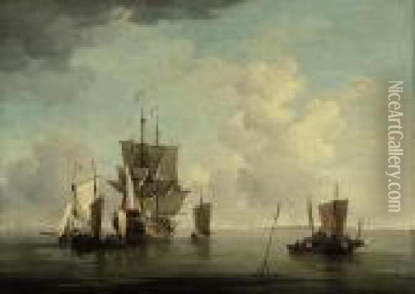A British Man-o'-war And Other Vessels In Calm Seas Oil Painting - Willem van de, the Elder Velde