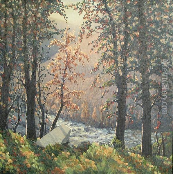 A River Landscape In Autumn Oil Painting - Carl Fagerberg