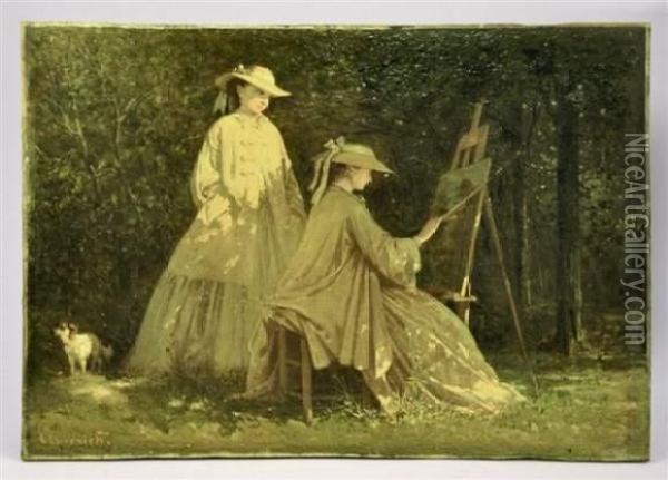 Femmes Au Chevalet En Exterieur Oil Painting - Charles Edouard Elmerich