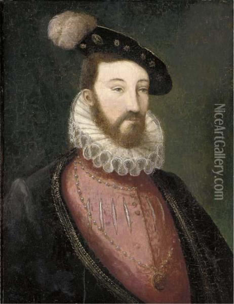Portrait Of A Bearded Nobleman, 
In A Pink Slashed Doublet With Awhite Ruff And A Black Jacket, Wearing A
 Medallion And A Black Capwith A Plume Oil Painting - Francois Clouet
