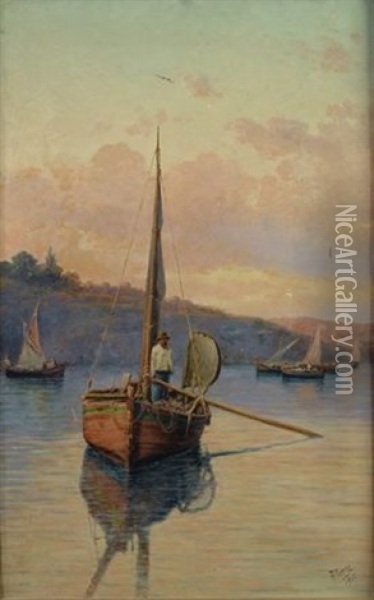 Pescatore In Barca Sul Lago Oil Painting - Rafaello Torre