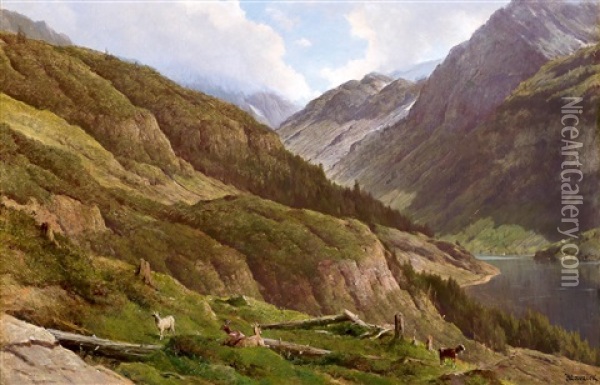 Gebirgslandschaft Mit Weidenden Ziegen Oil Painting - Anton Hlavacek
