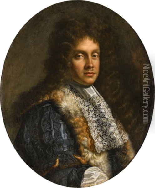 Portrait Of A Man, Bust-length, In A Fur-trimmed Cloak And White Lace Cravat Oil Painting - Benedetto Gennari the Elder