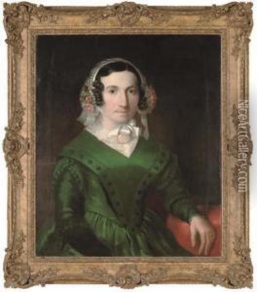 Portrait Of Jane Turner Nee 
Stubbins, Half-length, In A Green Dress, And Lace Bonnet With Flowers Oil Painting - Henry William Pickersgill