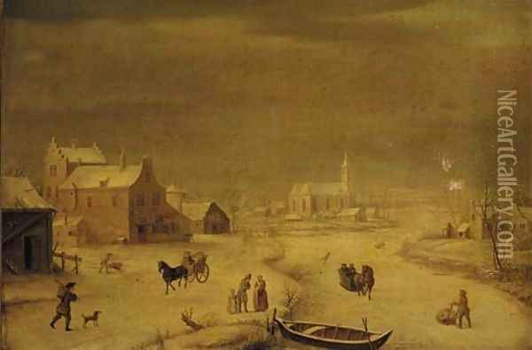 A winter landscape with burghers by a frozen river, a town beyond Oil Painting - Andries Vermeulen