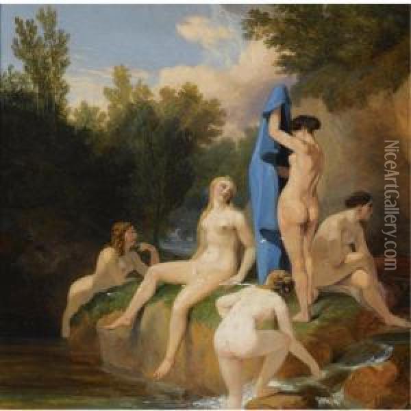 Nymphs Bathing Oil Painting - Karl Wilhelm Von Heideck