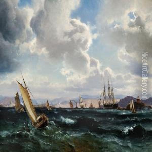 Numerous Sailing Ships In Stormy Oil Painting - C. F. Sorensen