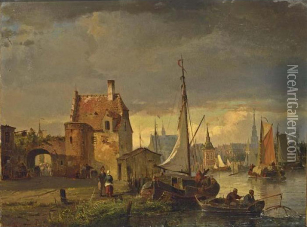 A View Of A Town On The Waterfront Oil Painting - Carl Frederick Sorensen