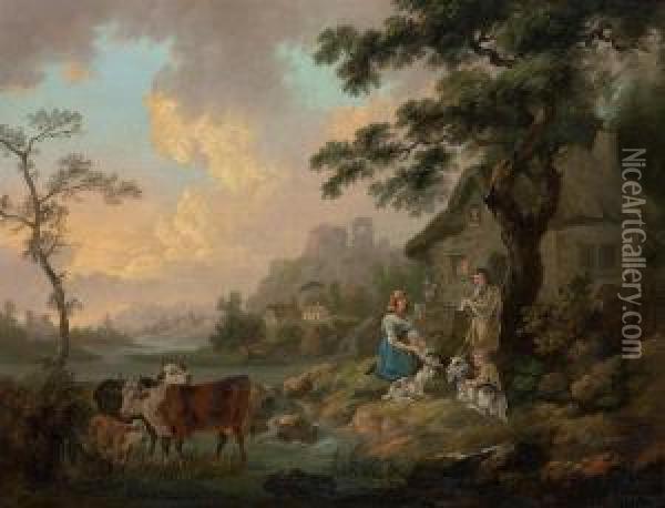 A River Landscape With Cattle Watering And A Family By Their Cottage Oil Painting - Peter La Cave
