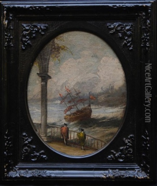 Tall Sailing Ship In Rough Waters Oil Painting - Louis de Moni