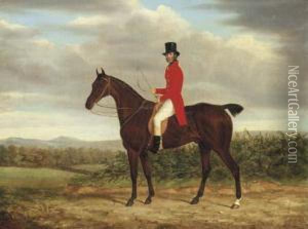A Gentleman On His Bay Hunter In A Landscape Oil Painting - James Loder