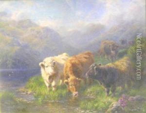 Young Highland Cattle In Landscape Oil Painting - Charles A. Watson
