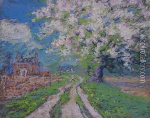 Country Home With Flowering Apple Tree Oil Painting - George Herbert Baker