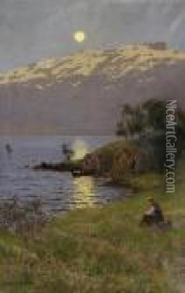 Midnight Sun Over The Fjord Oil Painting - Hans Dahl
