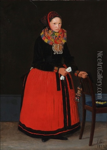 Trein Chrilles Bachersdatter In Her Church Costume From Amager Island Oil Painting - Johann Julius Exner