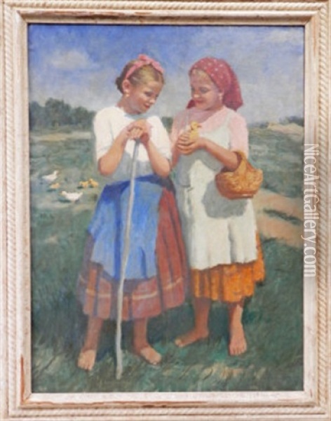 Two Girls With Ducklings In A Landscape Oil Painting - Janos Laszlo Aldor