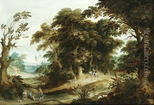 A Wooded Landscape With A Poultry-Seller, Travellers And Dogs On A Path Beyond Oil Painting - Alexander Keirinckx