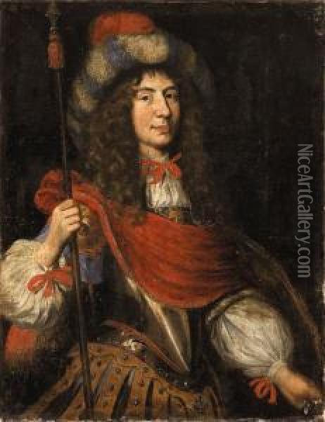 Portrait Of A Nobleman, In Ceremonial Armor, Holding A Spear Andwearing A Feathered Hat Oil Painting - Charles Beaubrun