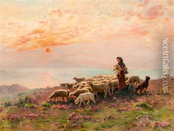 Schaferin Mit Schafherde Und Hirtenhund Oil Painting - Paul Vayson