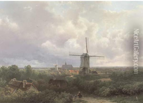 Windmills In A Panoramic Landscape In Summer Oil Painting - Pieter Lodewijk Francisco Kluyver