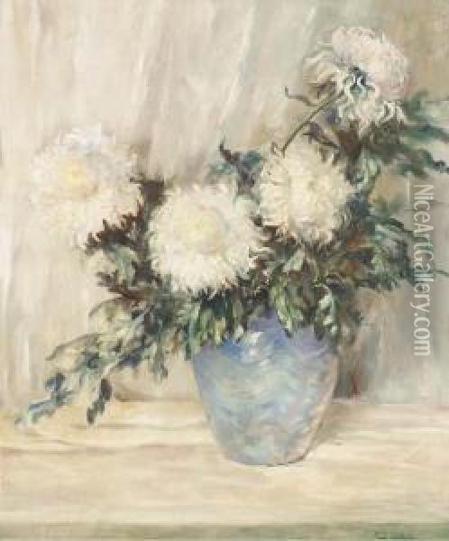 White Peonies In A Blue Vase Oil Painting - Emil Carlsen