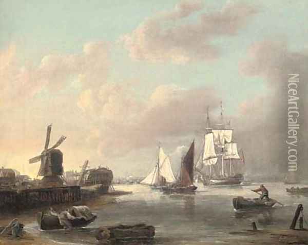A merchant frigate and smaller traders running up the Thames estuary heading for London Oil Painting - George Webster