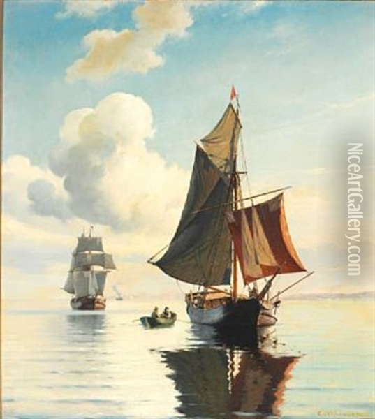 A Quiet Day At Sea With Numerous Ships Off The Coast Oil Painting - Carl Johann Neumann