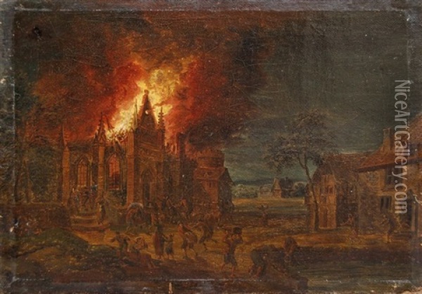 Brand Einer Gotischen Kirche Oil Painting - Jean-Thomas (Nicolas V) Kessel