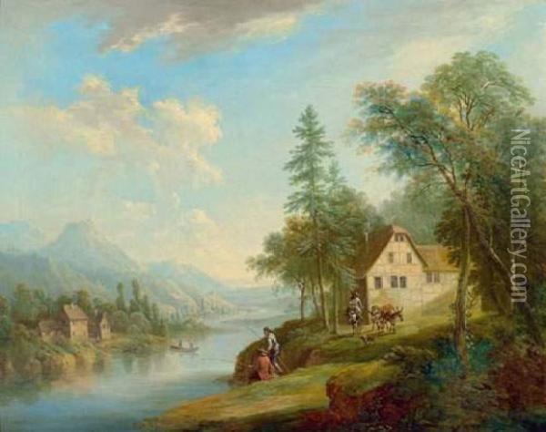 Rhine Landscape. Oil Painting - Christian Georg Ii Schuz