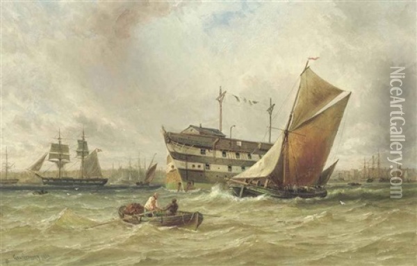 A Freshening Breeze On The Medway With A Prison Hulk Lying At Anchor Oil Painting - George Frederick Gregory