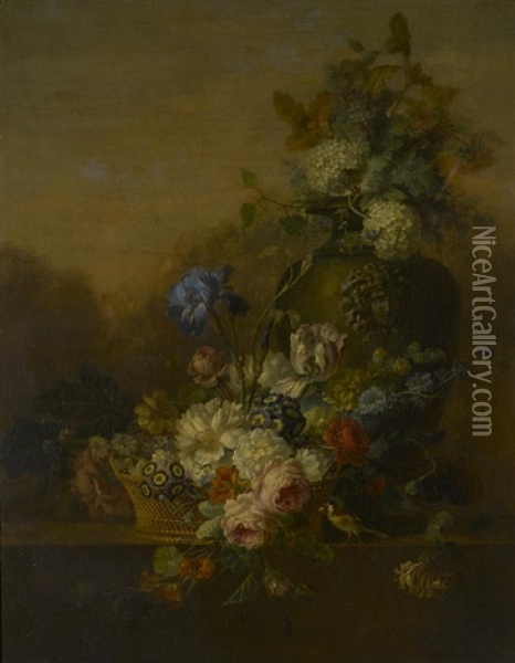 A Bouquet Of Flowers In A Wicker Basket In A Landscape Oil Painting - Willem van Leen