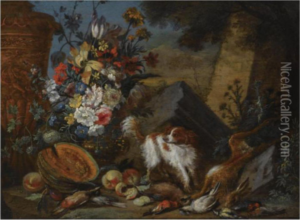 A Still Life With A Bouquet Of 
Flowers In A Vase, A Pumpkin, Prunesand Peaches, And A Dead Hare And 
Dead Birds In The Foreground,together With A Dog Oil Painting - Adriaen de Gryef