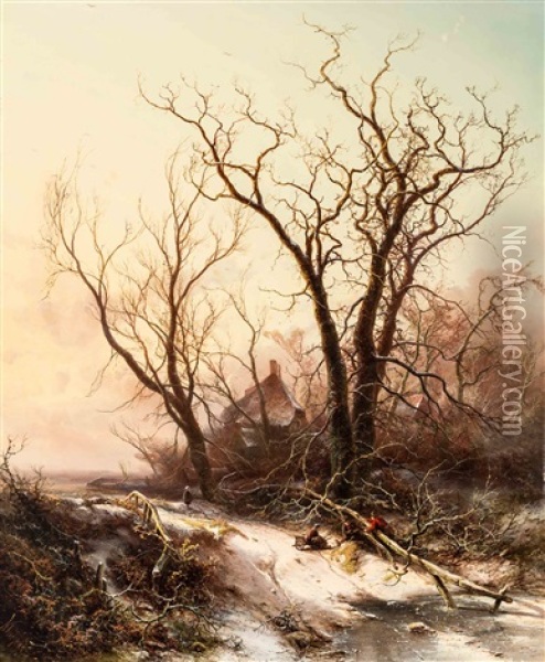 Gathering Wood On A Wintery Afternoon Oil Painting - Pieter Lodewijk Francisco Kluyver