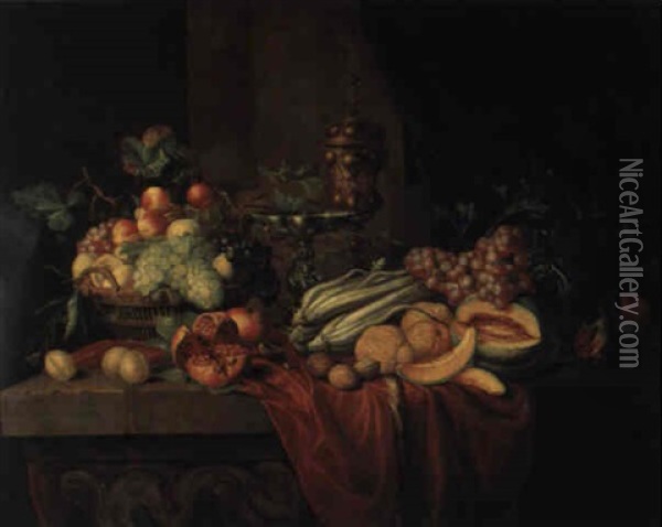 Stilleben Mit Fruchten, Zierschale Und Pokal Oil Painting - Alexander Coosemans