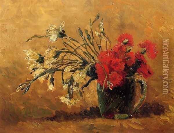 Vase With Red And White Carnations On Yellow Background Oil Painting - Vincent Van Gogh