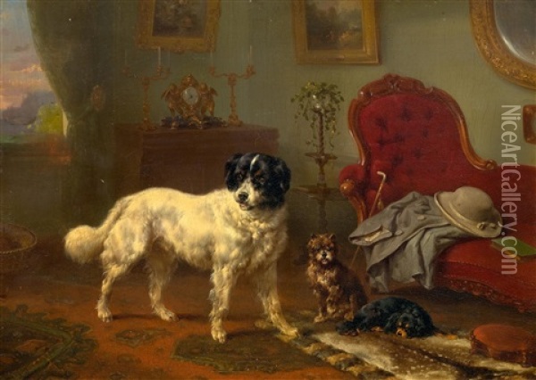 Interior With Three Dogs Oil Painting - Wouter Verschuur the Elder