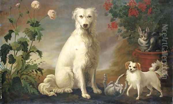 Two dogs and two cats in a landscape with flowers Oil Painting - Martin Ferdinand Quadal