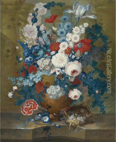 Flower Still Life With A Birds' Nest On A Ledge Oil Painting - Jan van Os