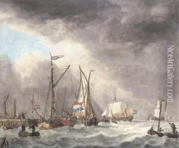 A Harbor Scene With Ships In Stormy Waters Oil Painting - Jan Verbruggen