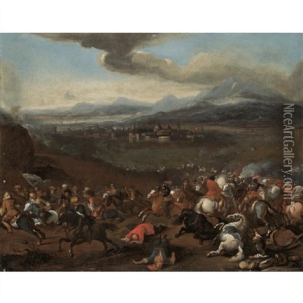 A Cavalry Skirmish On The Hills Above A Walled Town Oil Painting - Jacques Courtois