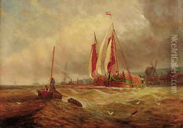 Barges in a swell, a harbour beyond Oil Painting - Dutch School