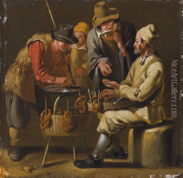 Figures At A Pretzel Stand Oil Painting - Johannes Lingelbach