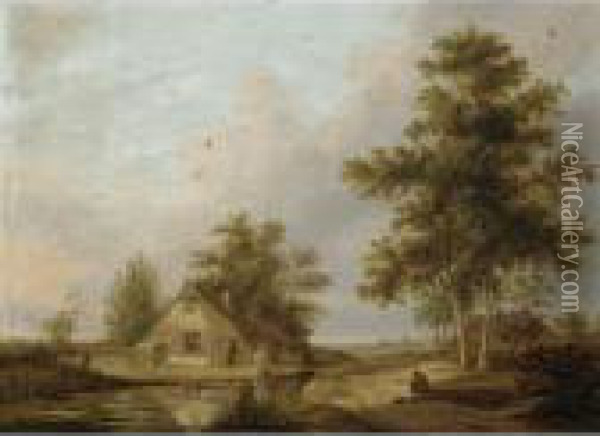 A Landscape With A Farmhouse Near A Pond, A Traveller Resting On A Path Nearby Oil Painting - Anthony Jansz. Van Der Croos
