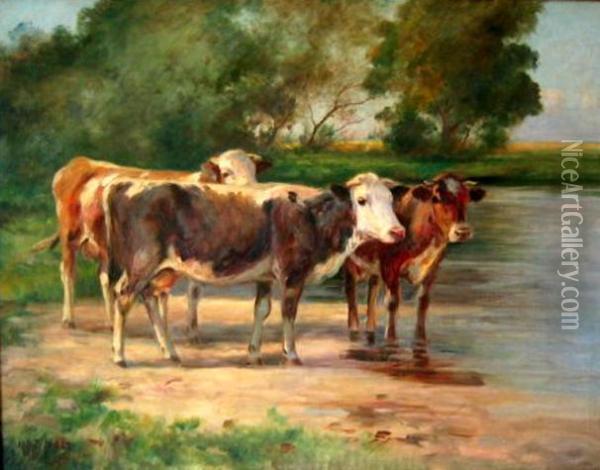 Drei Kuhe Am Wasser Oil Painting - Johann Daniel Holz