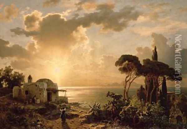 Aegean Landscape at Sunset Oil Painting - August Wilhelm Leu