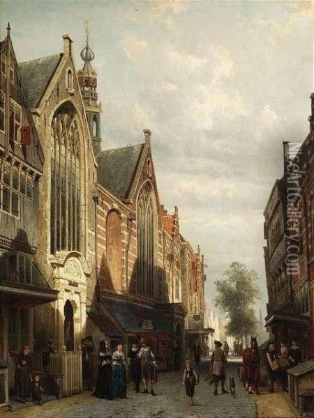 Theoudezijdskapel At The Zeedijk, Amsterdam In The Mid Of 17thcentury Oil Painting - Cornelis Springer