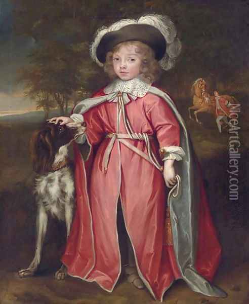 Portrait of a boy, possibly Philip, 7th Earl of Pembroke (1652-1683), full-length, in robes of the Order of the Bath, with his hound Oil Painting - John Michael Wright